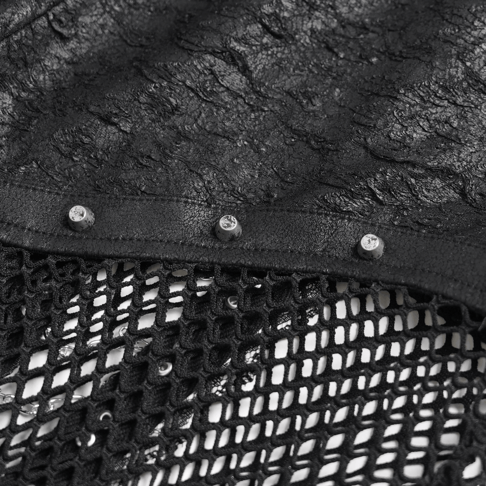 Close-up of Gothic Fishnet Lace Up Flare Pants with Chains showcasing studded trim and sheer net fabric details.