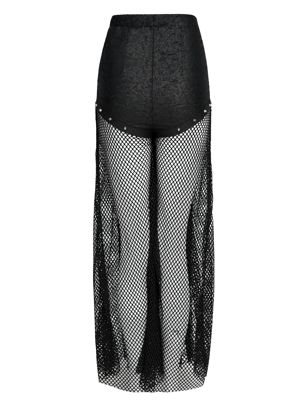 Gothic Fishnet Lace Up Flare Pants with Chains featuring black sheer mesh and studded details.