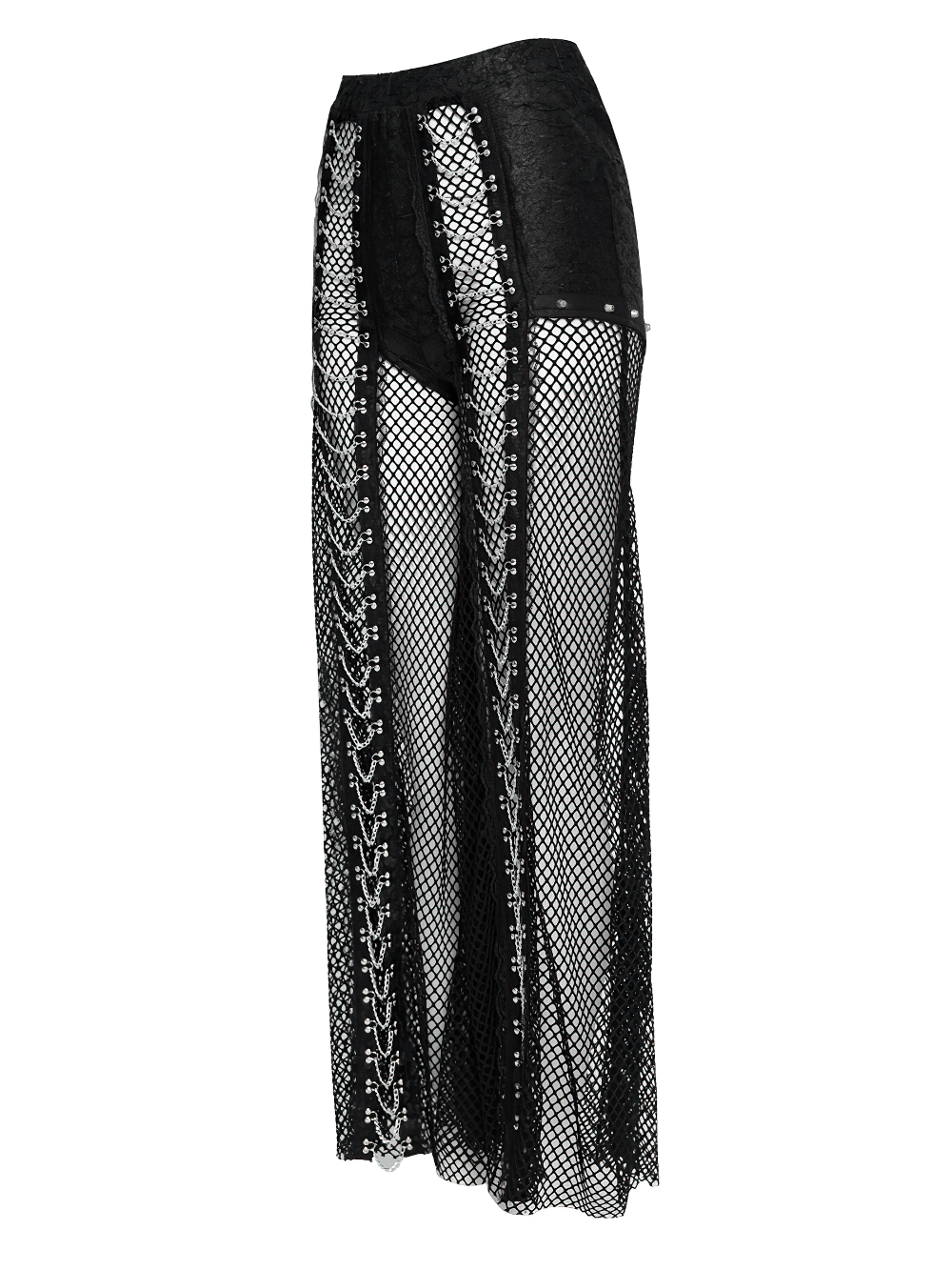 Gothic Fishnet Lace Up Flare Pants with Chains featuring sheer open mesh and silver accents for punk outfits.