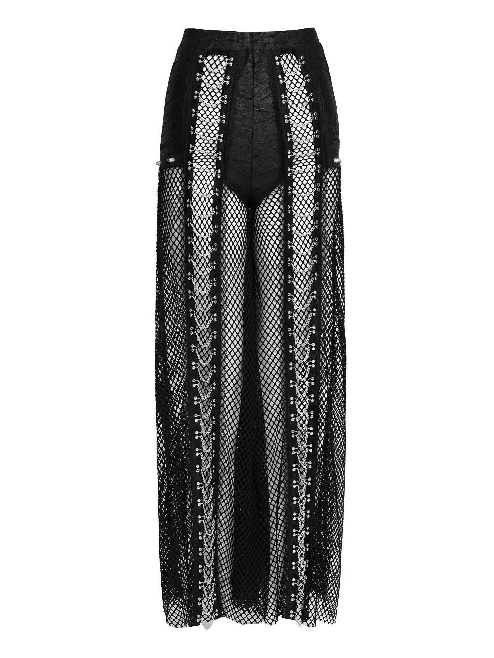 Gothic Fishnet Lace Up Flare Pants with Chains featuring sheer mesh, studded trim, and silver chain lace-up panels.
