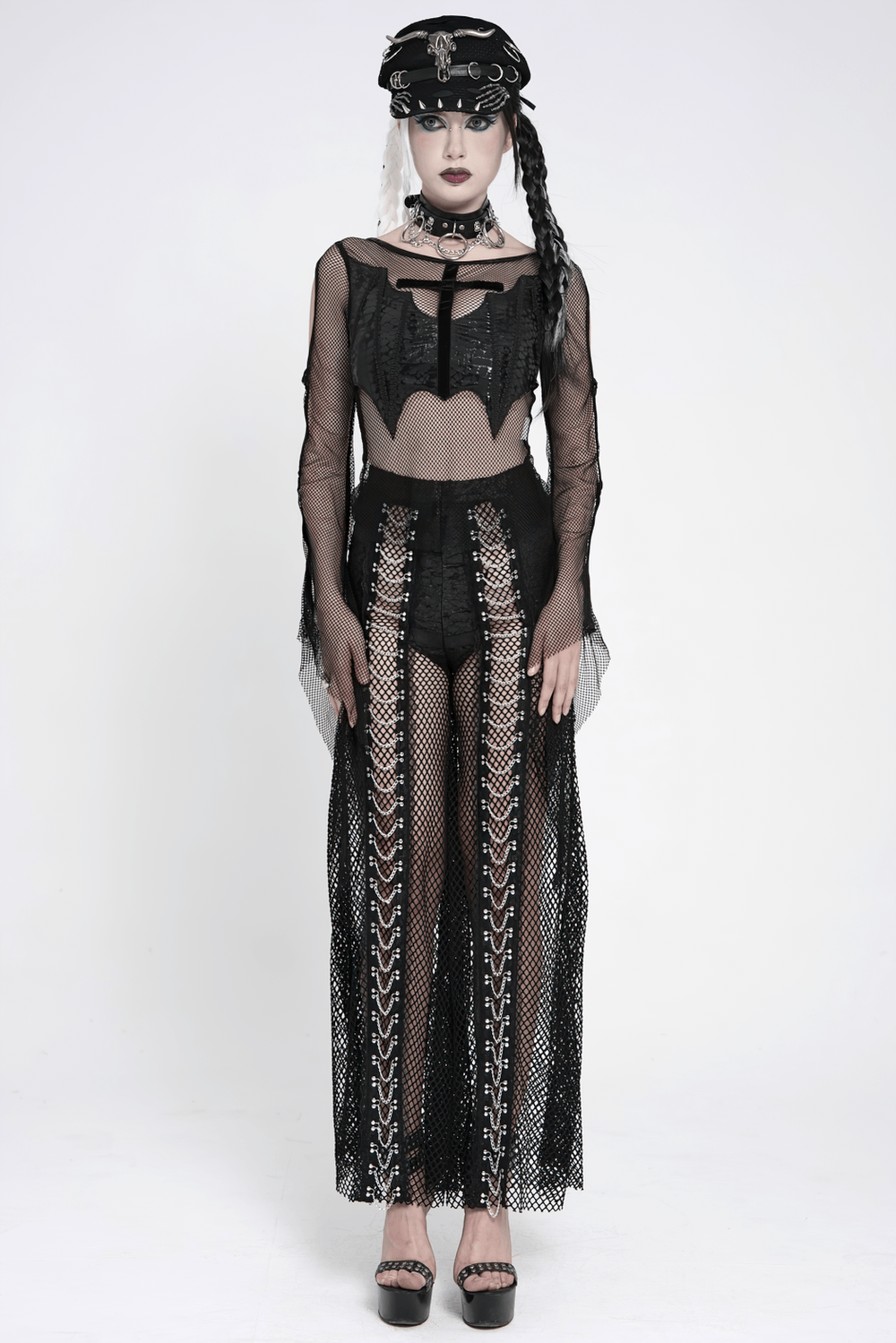 Gothic Fishnet Lace Up Flare Pants with Chains, black punk wide leg net trousers styled for a dramatic look.