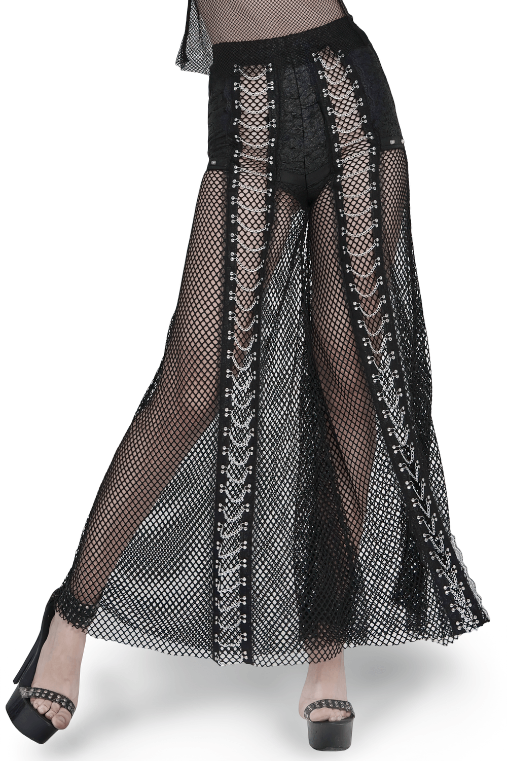 Gothic Fishnet Lace Up Flare Pants with Chains showcasing punk wide leg design and silver accents for a dramatic look.