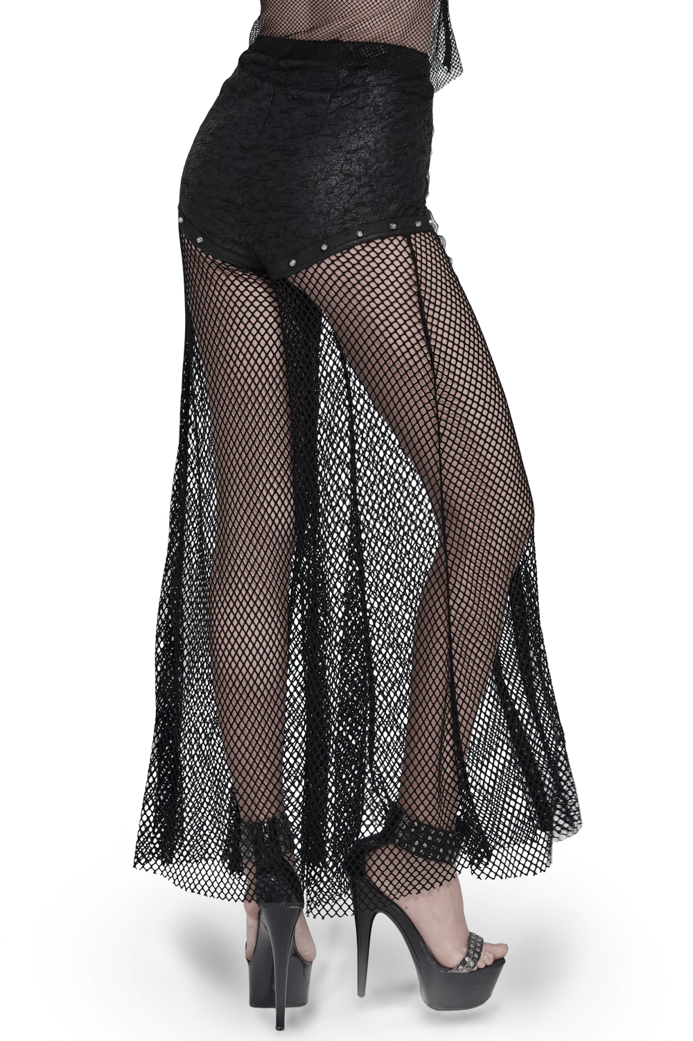 Gothic Fishnet Lace Up Flare Pants with Chains showcased in a side view, highlighting sheer mesh and studded details.
