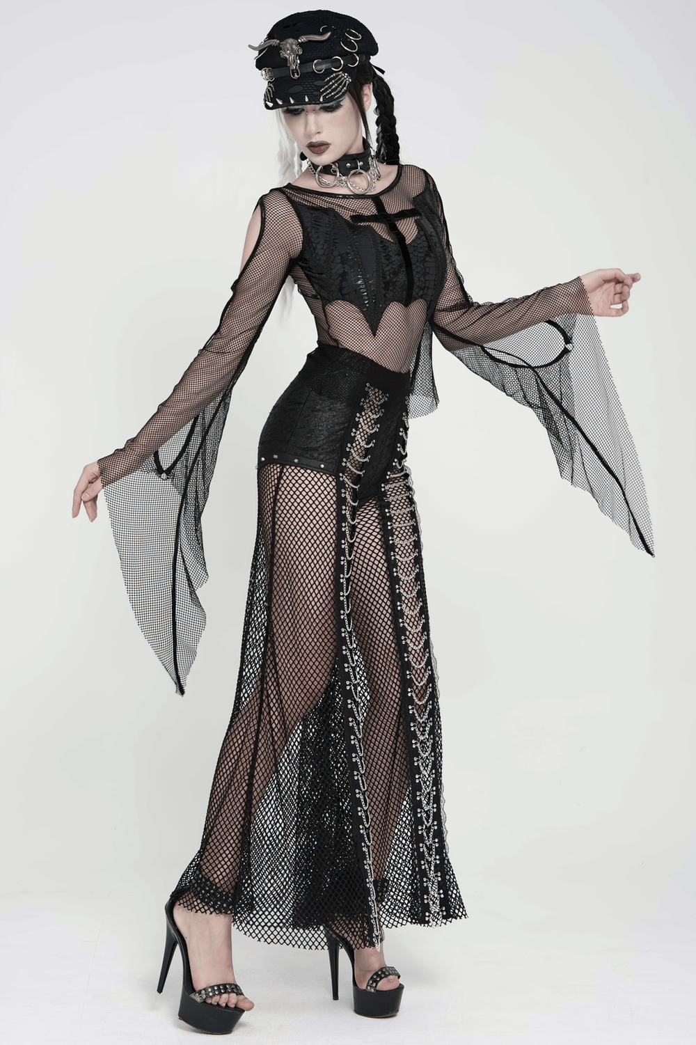 Gothic Fishnet Lace Up Flare Pants with Chains styled for a dramatic punk look featuring sheer layers and silver accents.