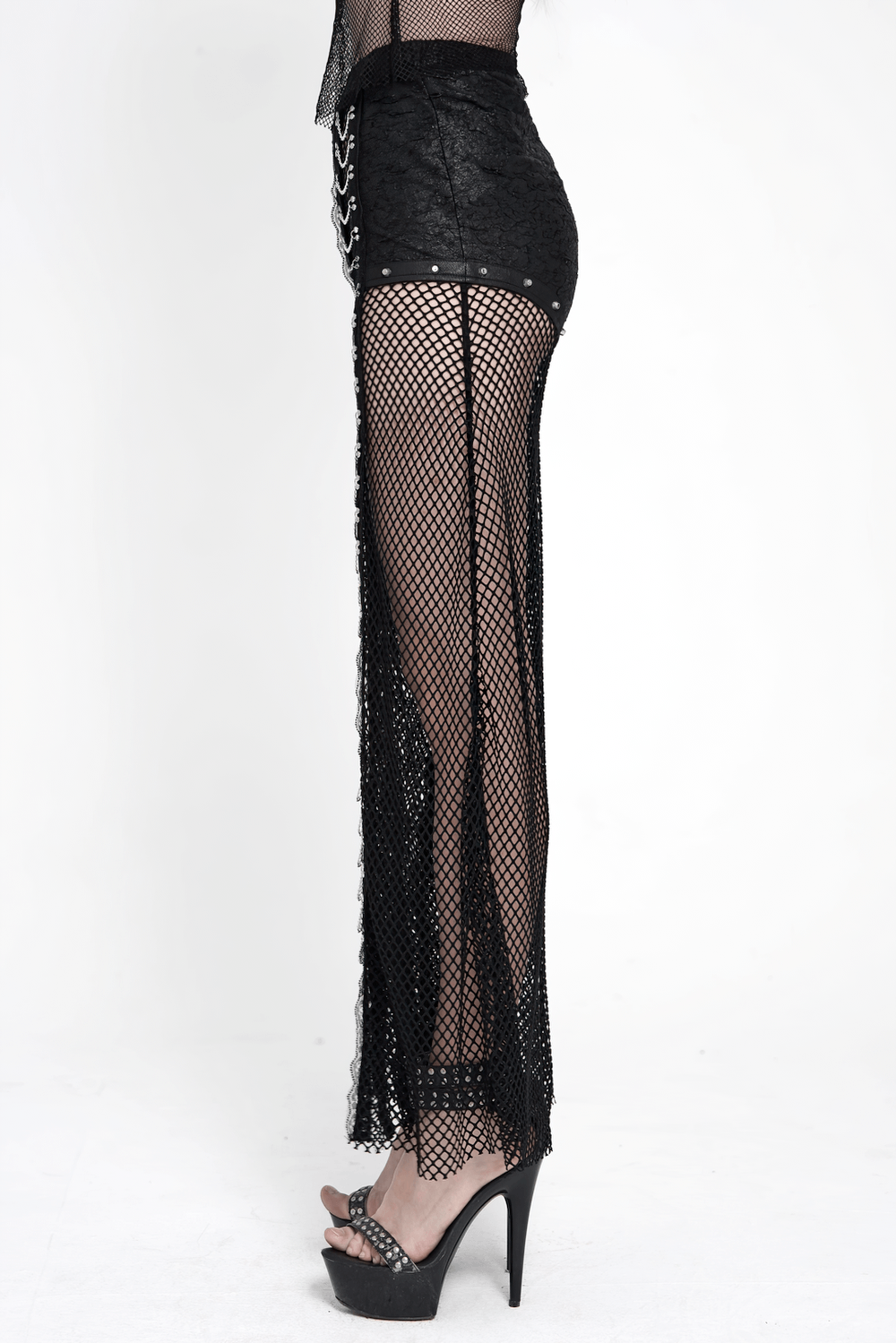 Gothic Fishnet Lace Up Flare Pants with Chains featuring sheer mesh and silver accents for a punk look.