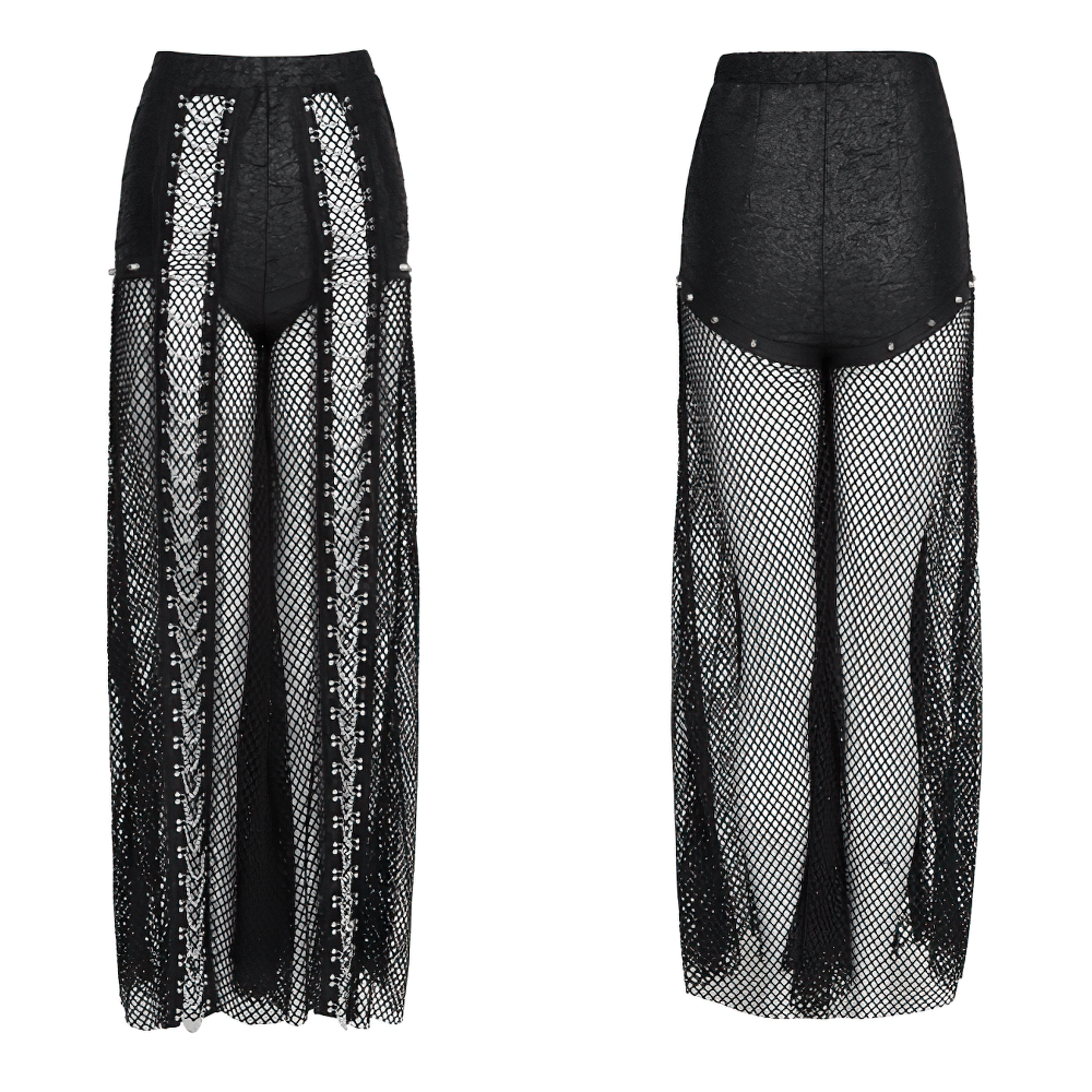 Gothic Fishnet Lace Up Flare Pants with Chains showcasing wide leg mesh design and silver chain accents.