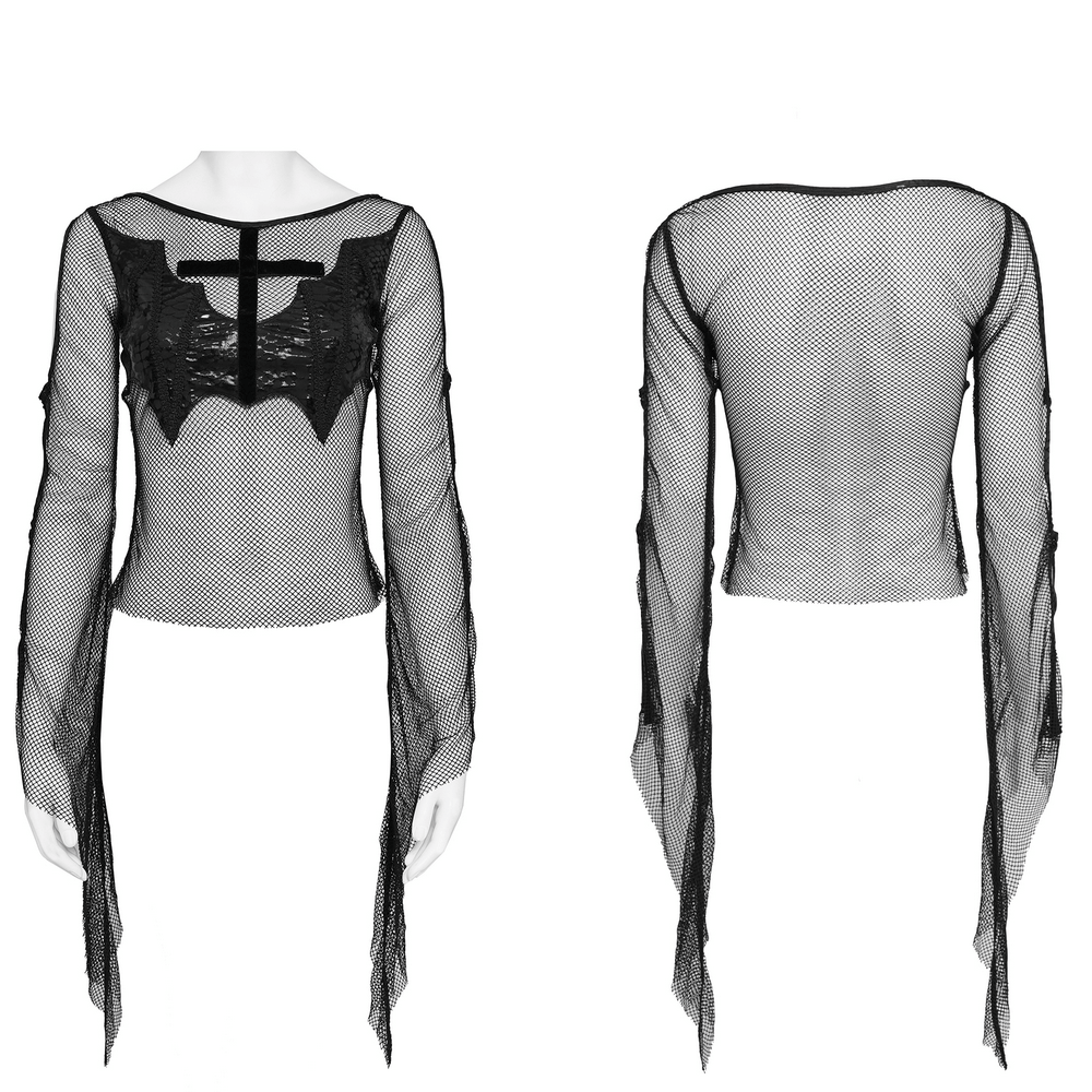 Gothic Fishnet Mesh Top with Bat Applique Sleeves for Women - Sheer black mesh with bat detailed sleeves.