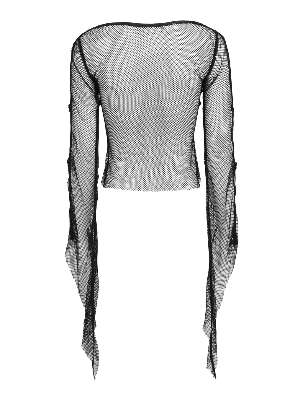 Gothic Fishnet Mesh Top with Bat Applique Sleeves for Women, showing sheer black fishnet back and tattered sleeves.