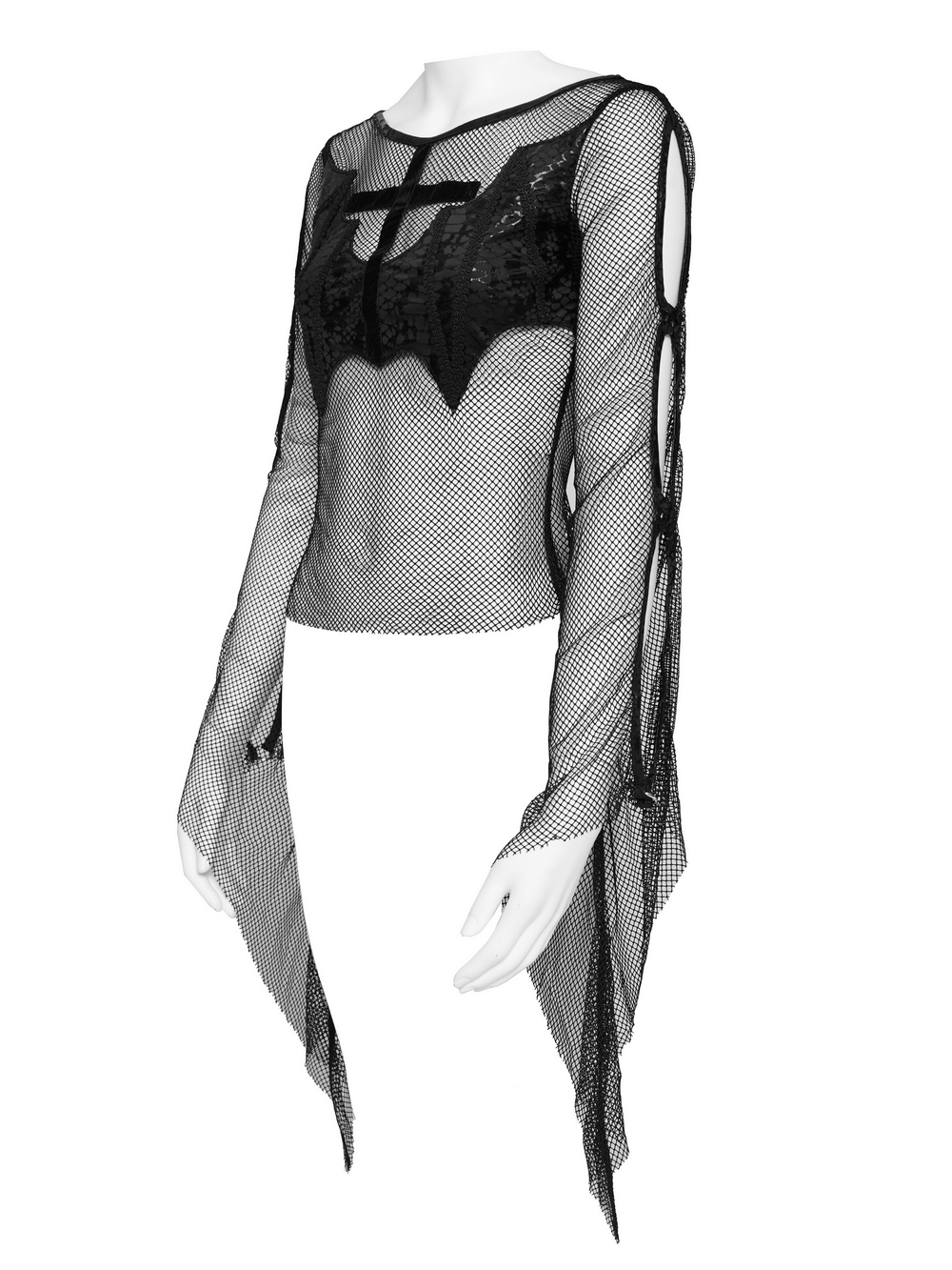 Gothic Fishnet Mesh Top with Bat Applique Sleeves for Women showcasing sheer black mesh and bat design.