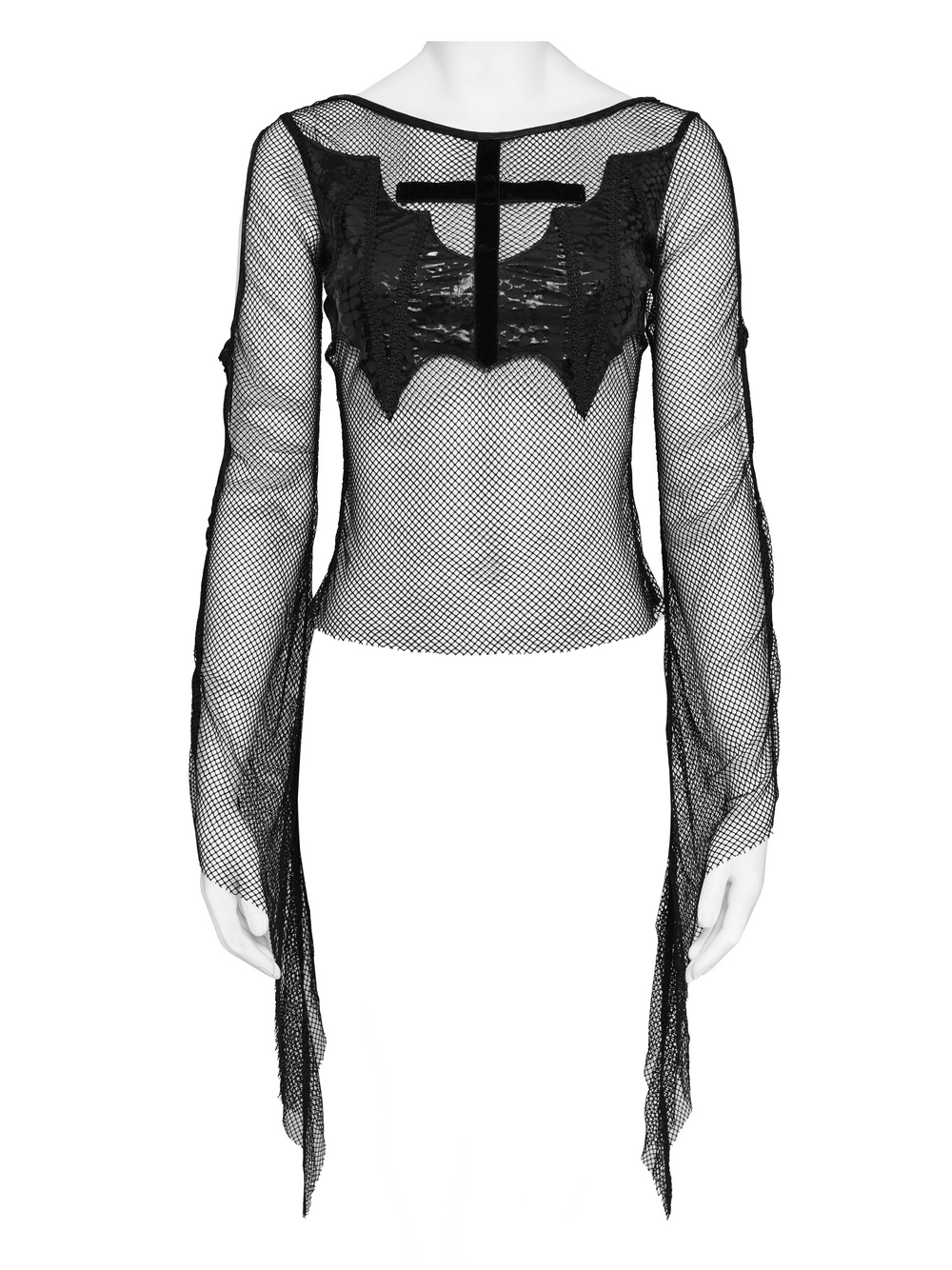 Gothic Fishnet Mesh Top with Bat Applique Sleeves for Women showcasing sheer black mesh and bat details.