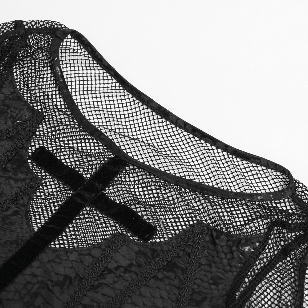Gothic Fishnet Mesh Top with Bat Applique Sleeves for Women showing the sheer black mesh neckline detail.
