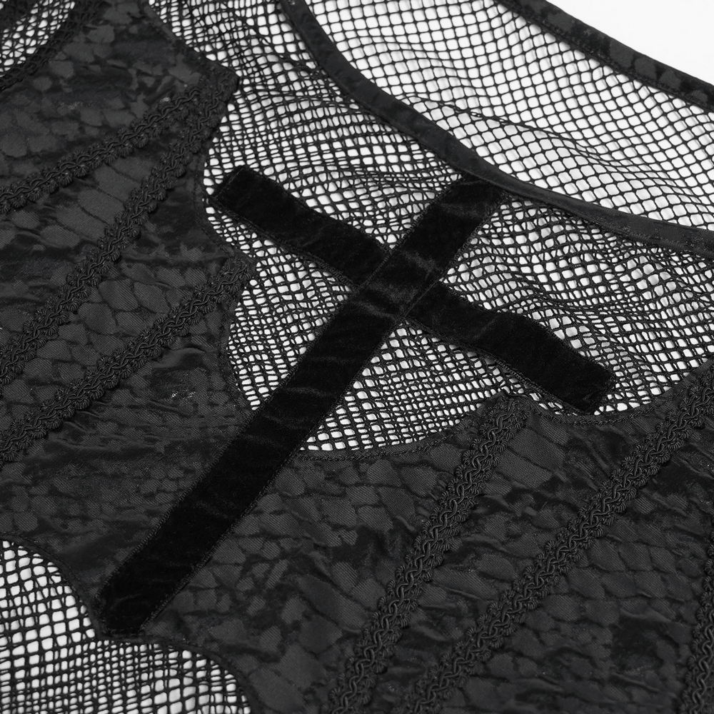 Gothic Fishnet Mesh Top with Bat Applique Sleeves for Women featuring intricate mesh and bat design.
