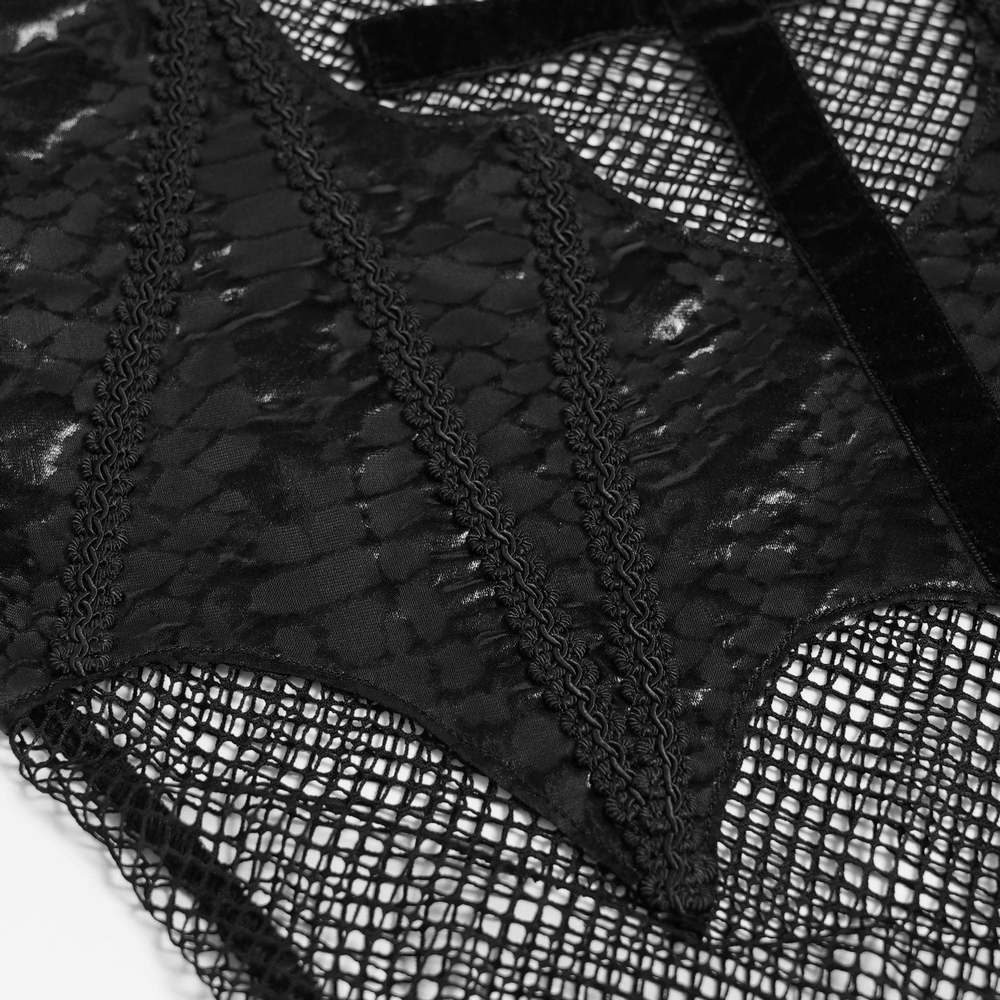 Gothic Fishnet Mesh Top with Bat Applique Sleeves for Women close-up of bat detail and sheer mesh fabric