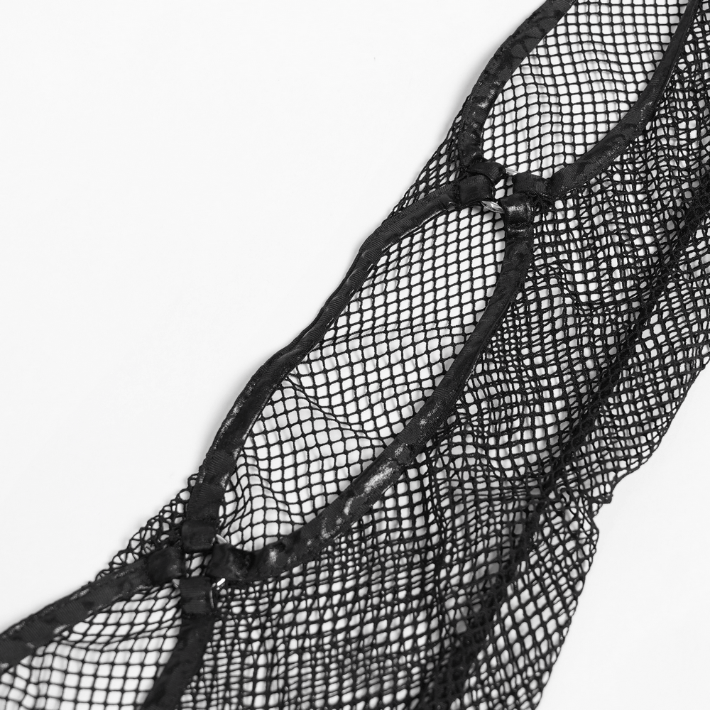 Gothic Fishnet Mesh Top with Bat Applique Sleeves for Women fabric detail showing sheer black mesh material.
