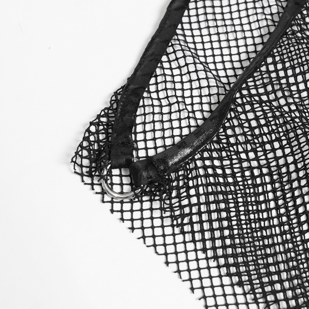Gothic Fishnet Mesh Top with Bat Applique Sleeves for Women - close-up of the sheer fishnet detail
