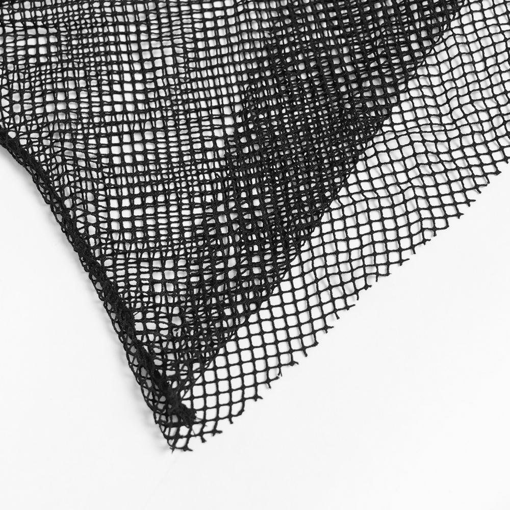 Gothic Fishnet Mesh Top with Bat Applique Sleeves for Women, showing detailed black fishnet fabric.