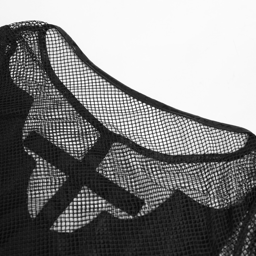 Gothic Fishnet Mesh Top with Bat Applique Sleeves for Women neckline detail, showcasing sheer mesh and bat applique.