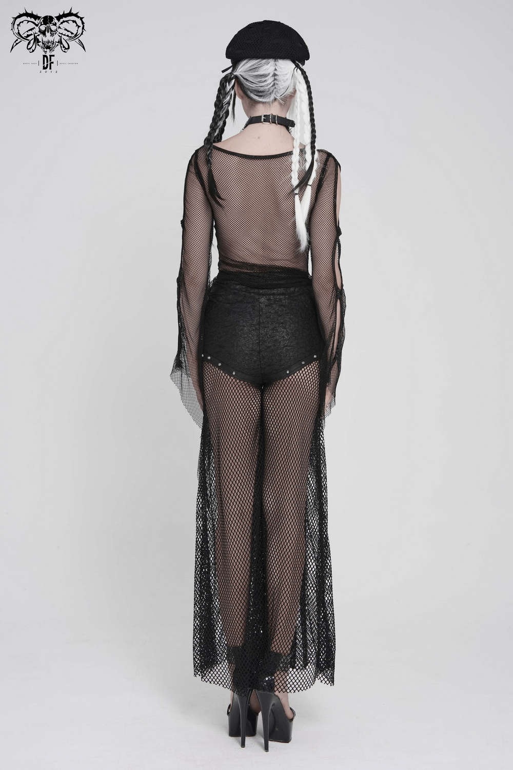 Gothic Fishnet Mesh Top with Bat Applique Sleeves for Women, showcasing sheer darkwear style from the back.