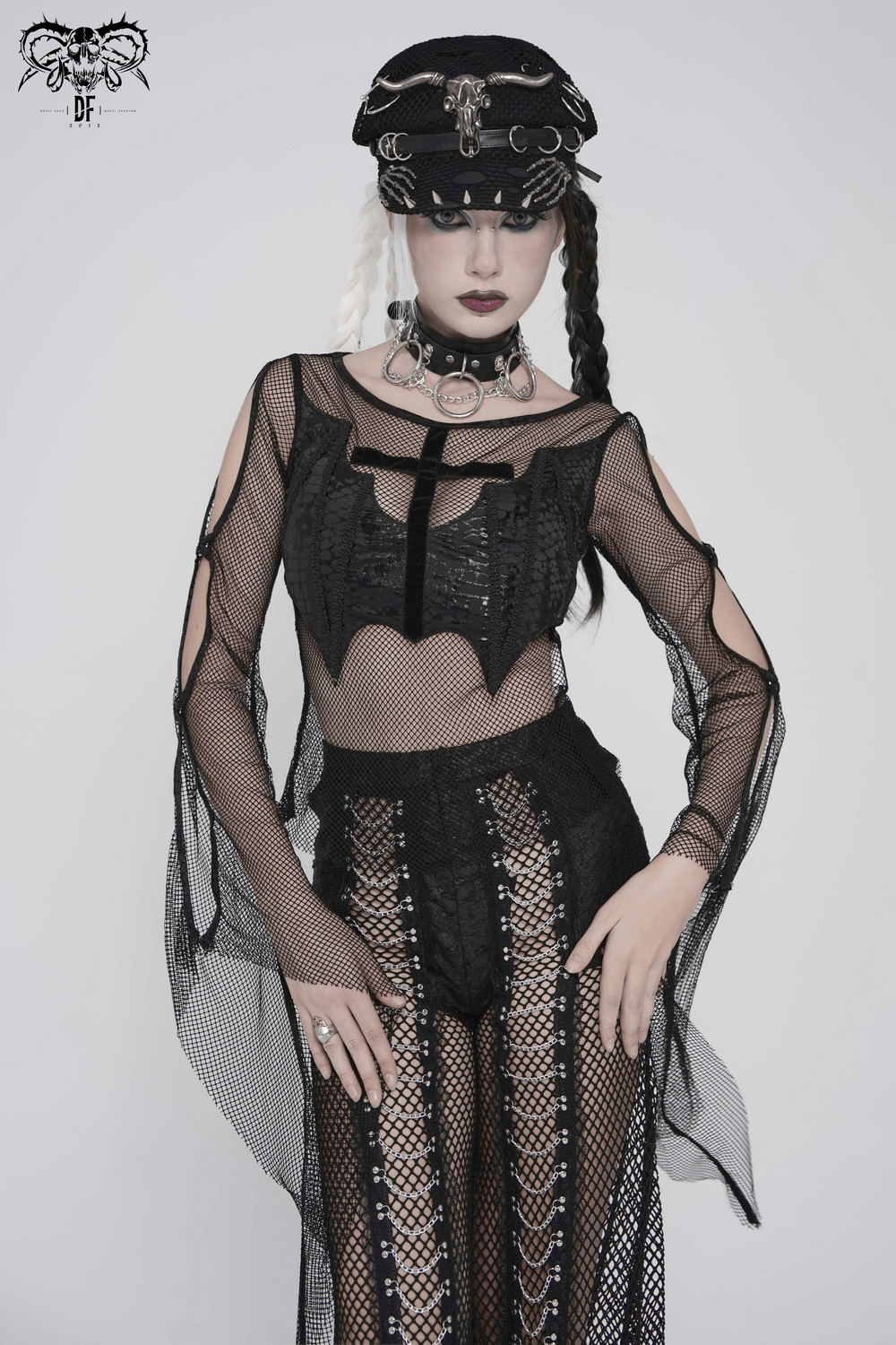 Gothic Fishnet Mesh Top with Bat Applique Sleeves for Women worn with stylish gothic accessories.