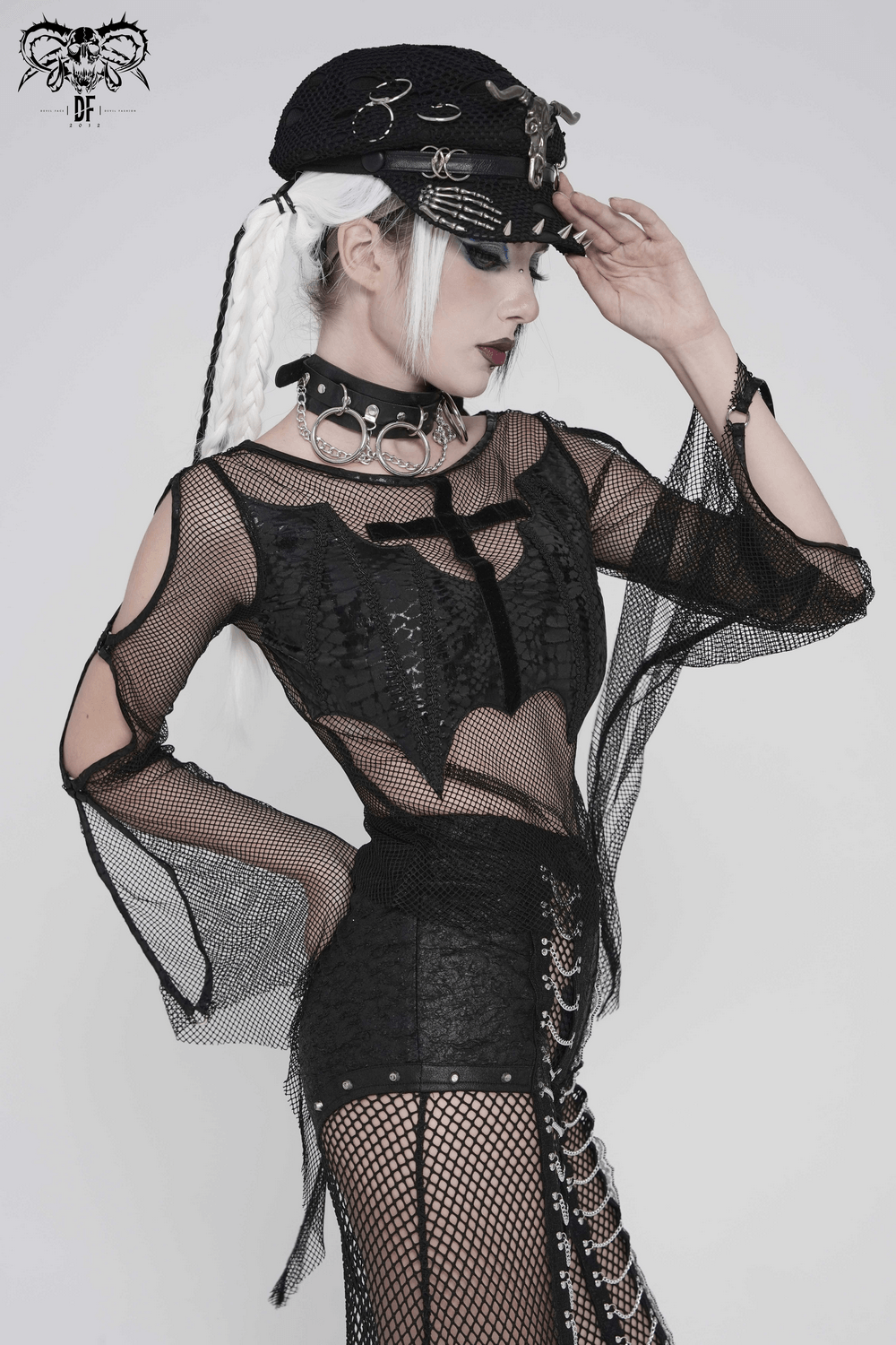 Gothic Fishnet Mesh Top with Bat Applique Sleeves for Women, featuring sheer mesh details and dramatic bat accessories.