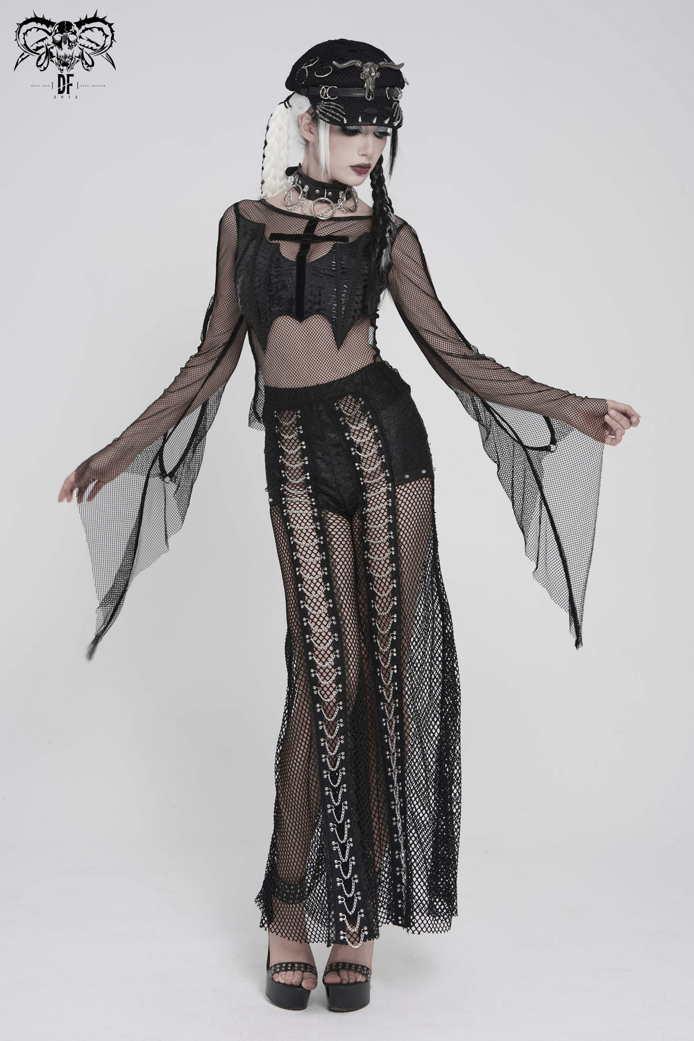 Gothic Fishnet Mesh Top with Bat Applique Sleeves for Women worn with sheer black skirt, dramatic gothic style outfit.