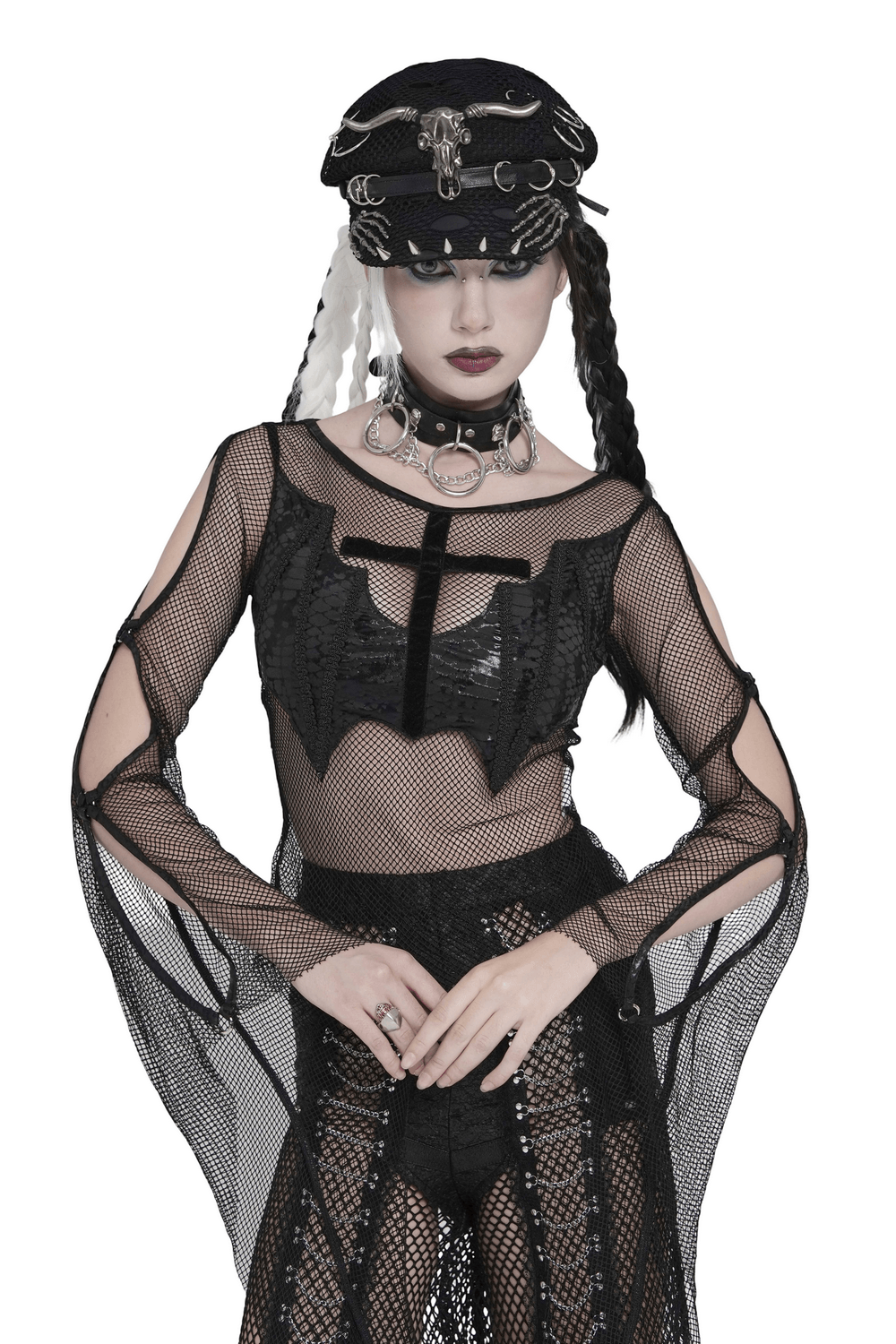 Gothic Fishnet Mesh Top with Bat Applique Sleeves for Women worn by a model with dark accessories.