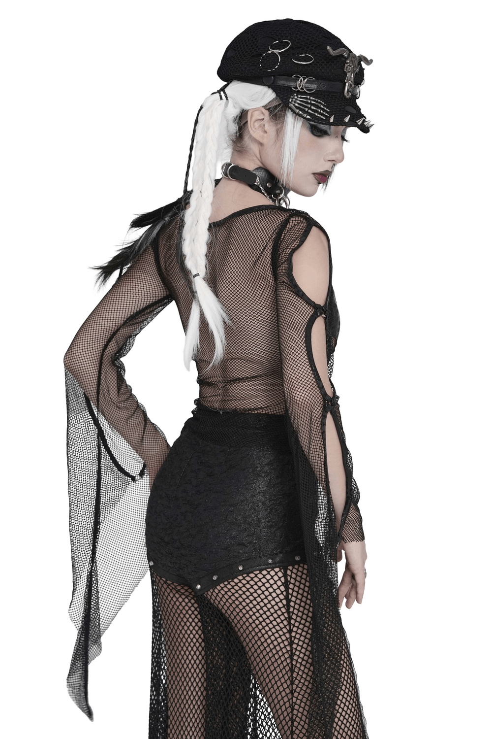 Gothic Fishnet Mesh Top with Bat Applique Sleeves for Women