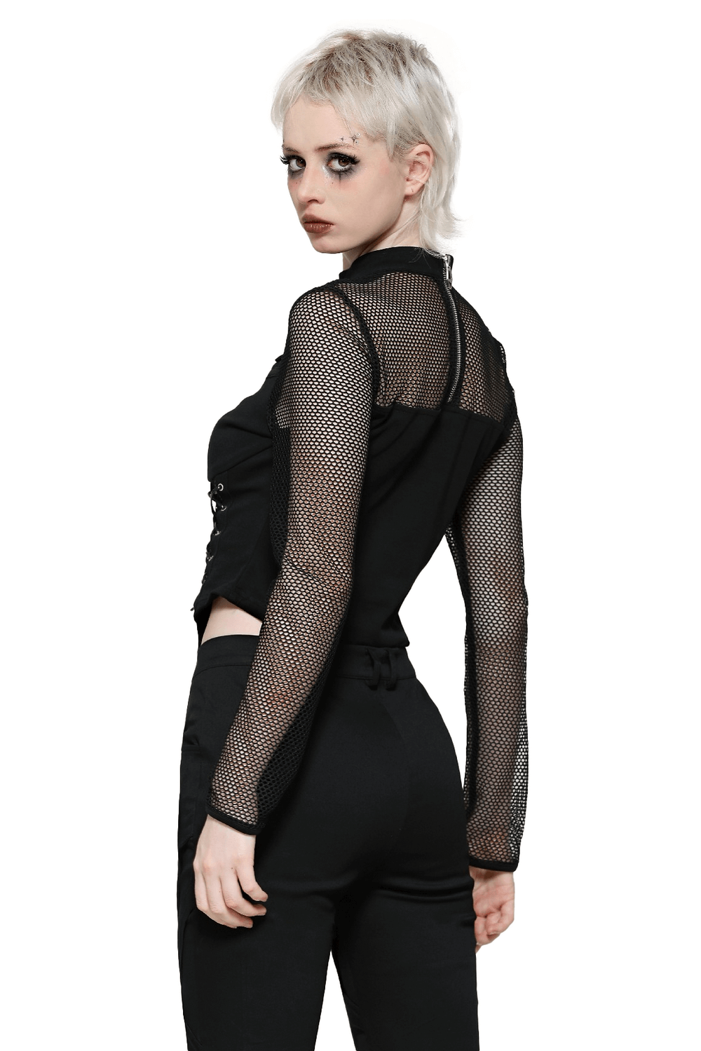 Edgy model showcasing a gothic fishnet sleeve corset top with buckle accents, perfect for alternative fashion enthusiasts.