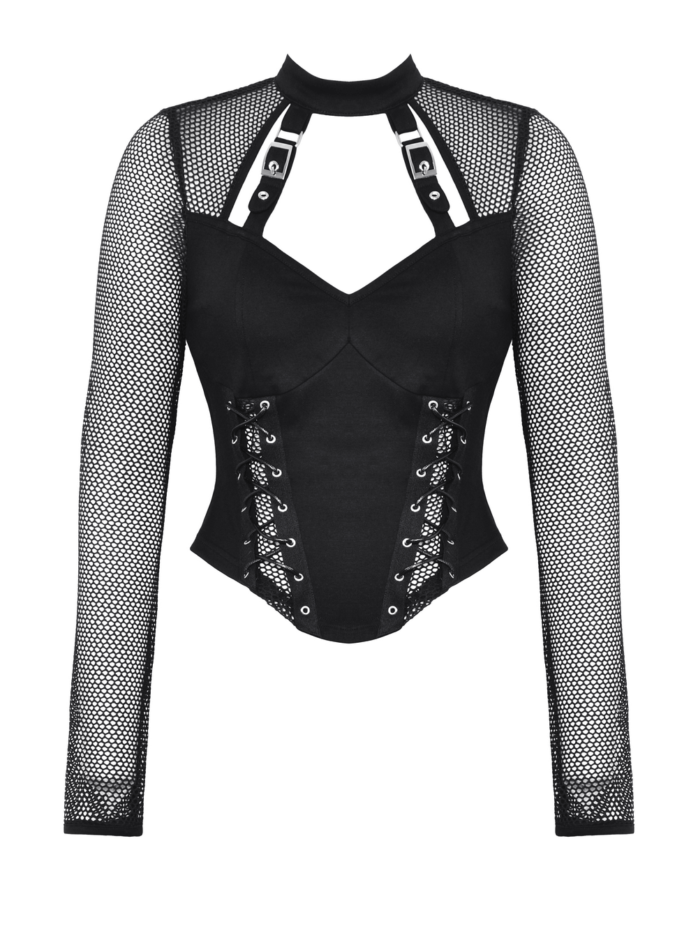 Gothic fishnet sleeve corset top with buckle accents for a punk-inspired alternative look.