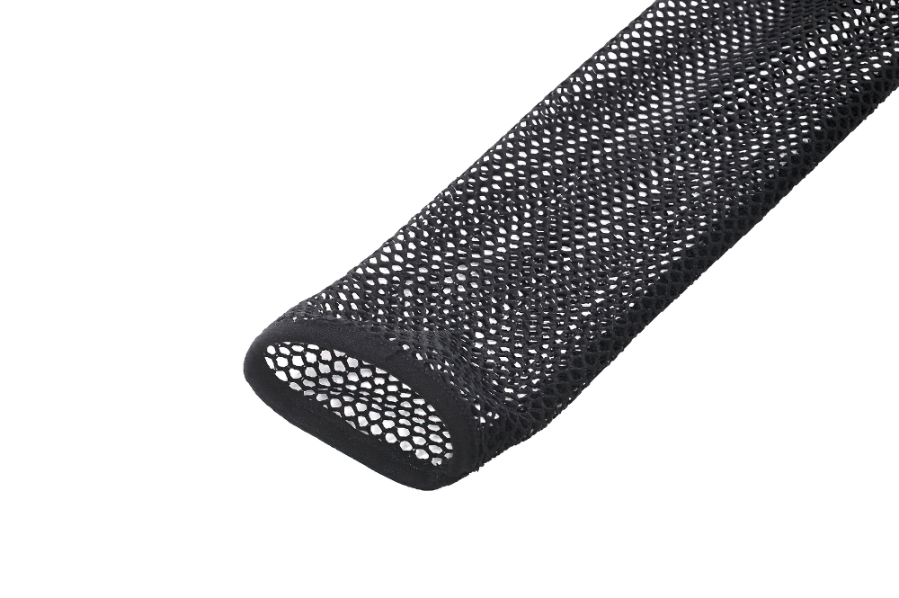 Close-up of a black fishnet sleeve, showcasing the edgy mesh detail for gothic and punk fashion styles.