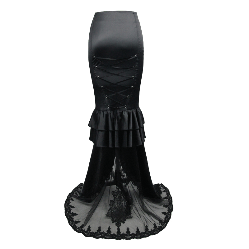 Gothic Fishtail Skirt With Ruffle Hem / Elegant Half Length Skirt with Lacing Back - HARD'N'HEAVY