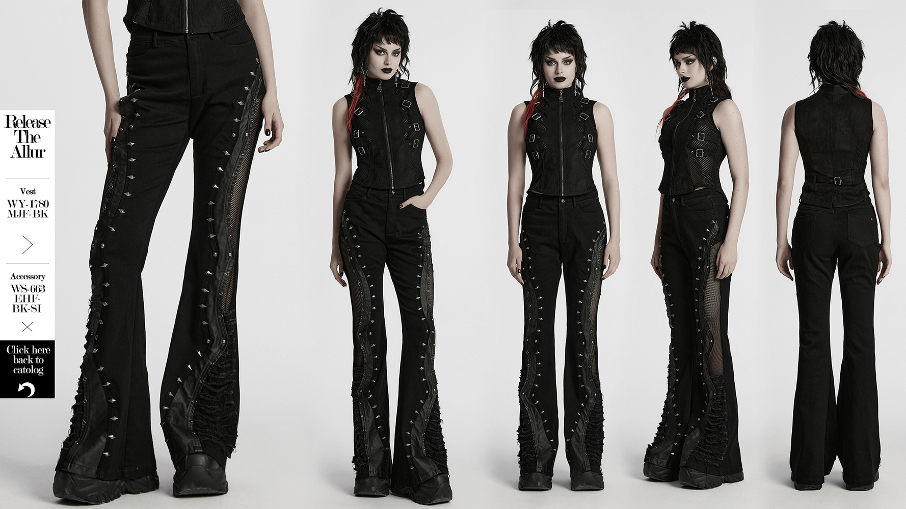Gothic flared pants with studs, mesh panels, and faux leather details for a punk street style look.