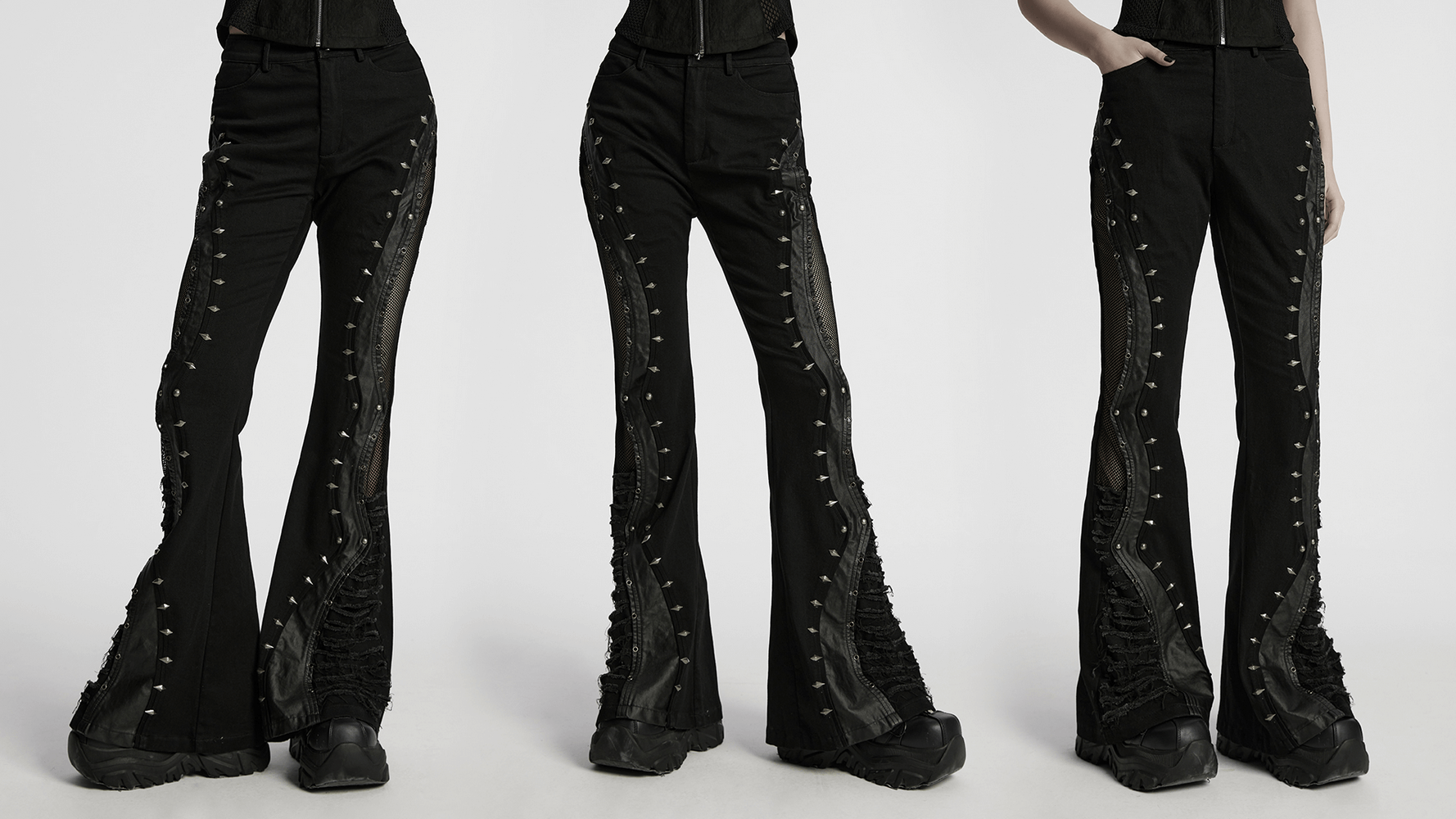 Gothic flared pants with studs and mesh panels, showcasing edgy punk style and faux leather detail.