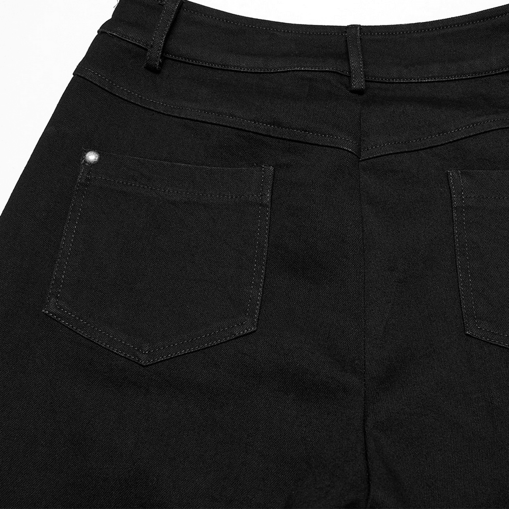 Back view of gothic flared pants showcasing pockets and sleek black denim fabric with punk style accents.