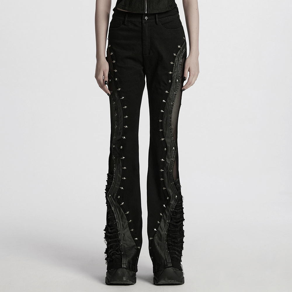 Gothic flared pants with studs and mesh panels, showcasing a punk rock style with edgy faux leather details.