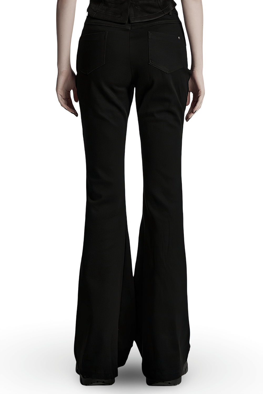 Back view of Gothic flared pants with studded accents and mesh panels for a punk fashion statement.