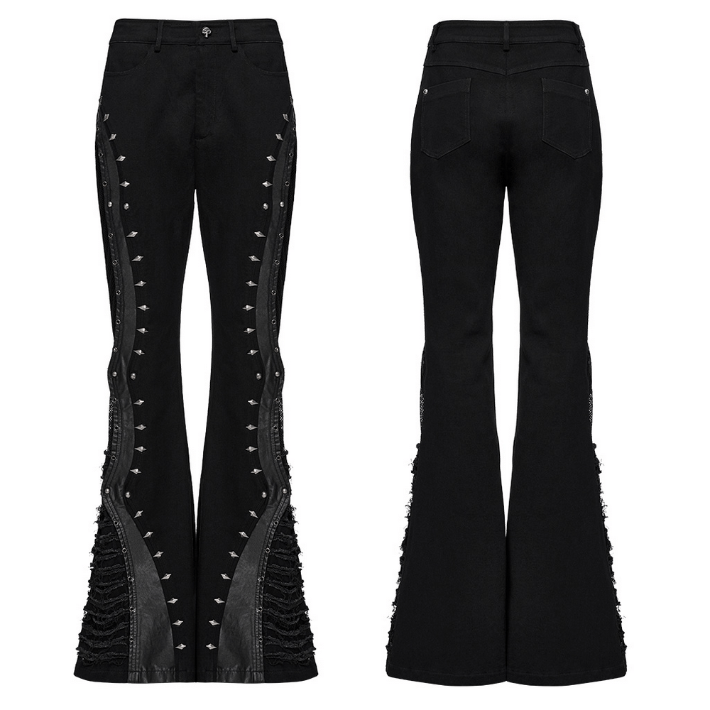Gothic flared pants featuring studded sides and faux leather panels for a punk, edgy style.