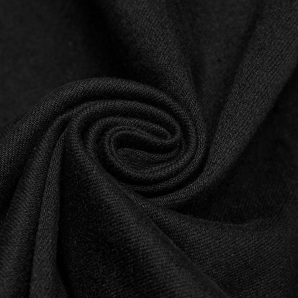 Black stretchy fabric swirl showcasing softness and durability for punk fashion designs in gothic wear.