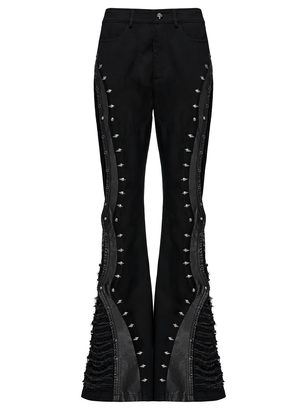 Gothic flared pants with silver-tone studs and mesh panels, perfect for punk street style and edgy outfits.