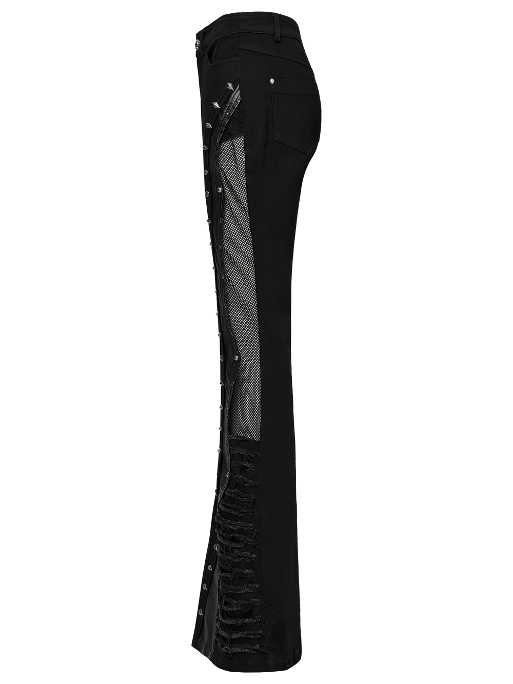 Gothic flared pants with metal studs and mesh panels in edgy punk style, showcasing distressed denim and faux leather.