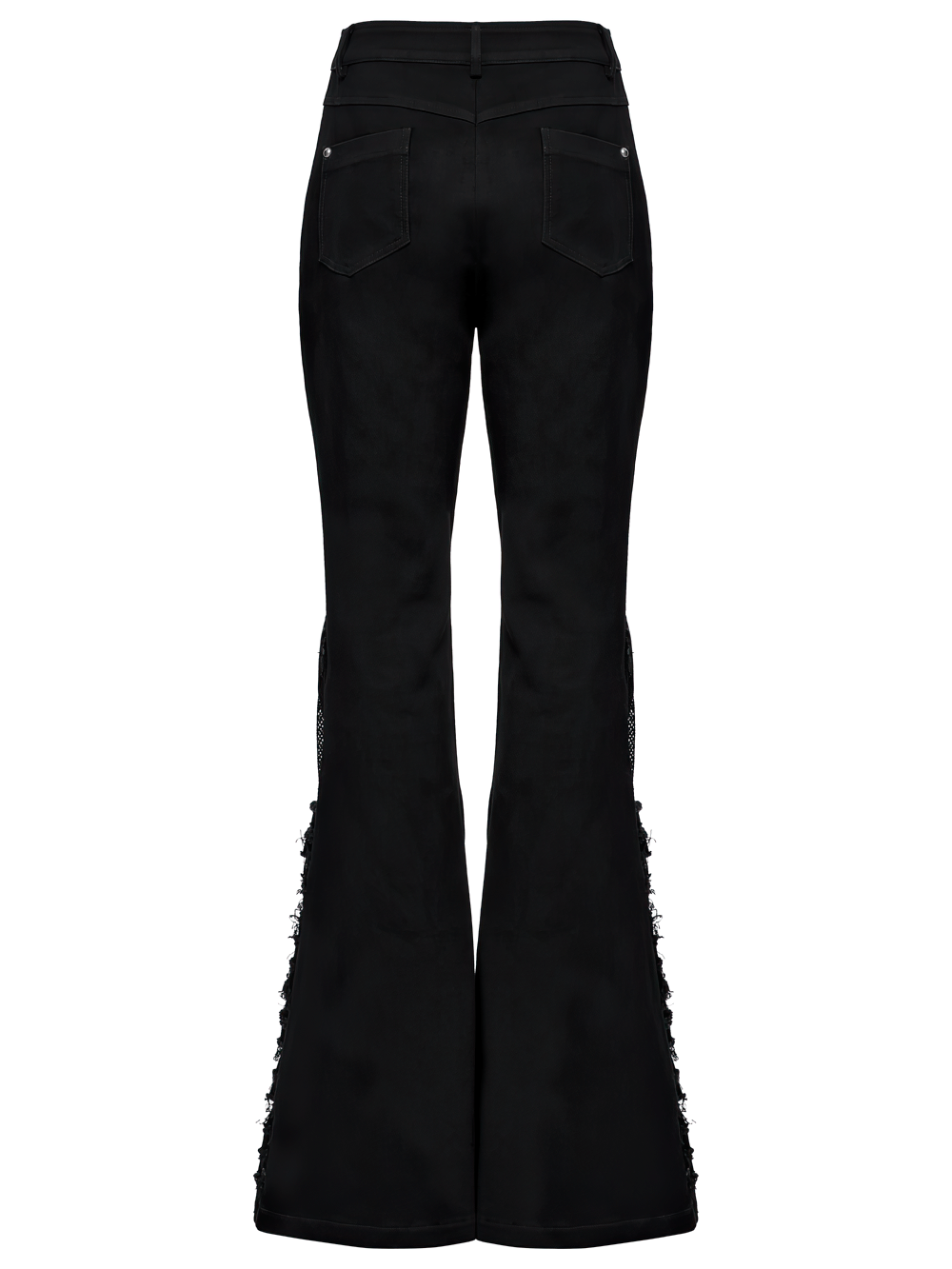 Back view of gothic flared pants featuring studs, mesh panels, and faux leather details for a punk street style.