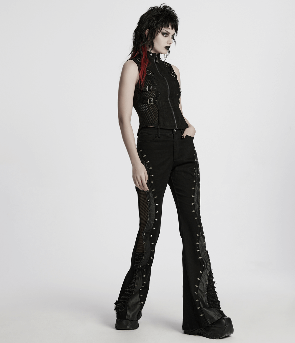 Gothic flared pants with studs and mesh panels, styled for a punk streetwear look with edgy details.