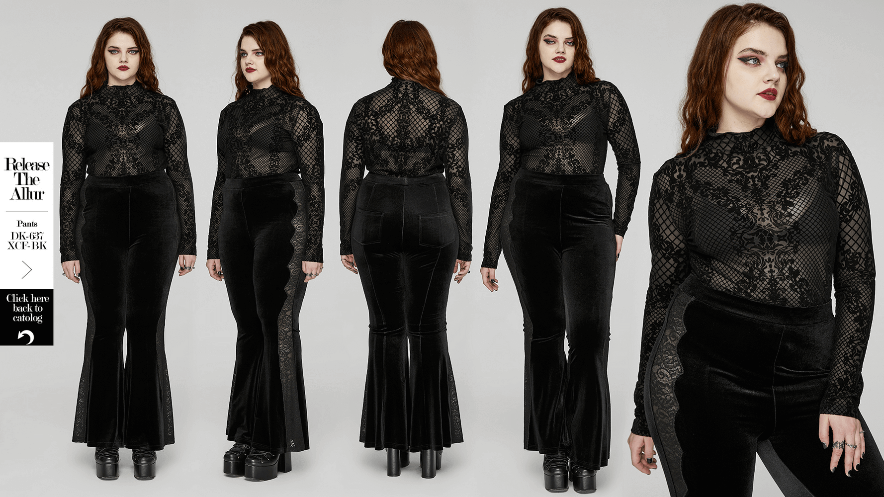 Gothic flocked mesh long sleeve top with stand collar, paired with flared black velvet pants for an elegant dark look.