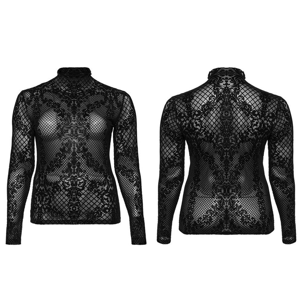 Gothic flocked mesh long sleeves high-collar top with intricate Victorian-inspired pattern.