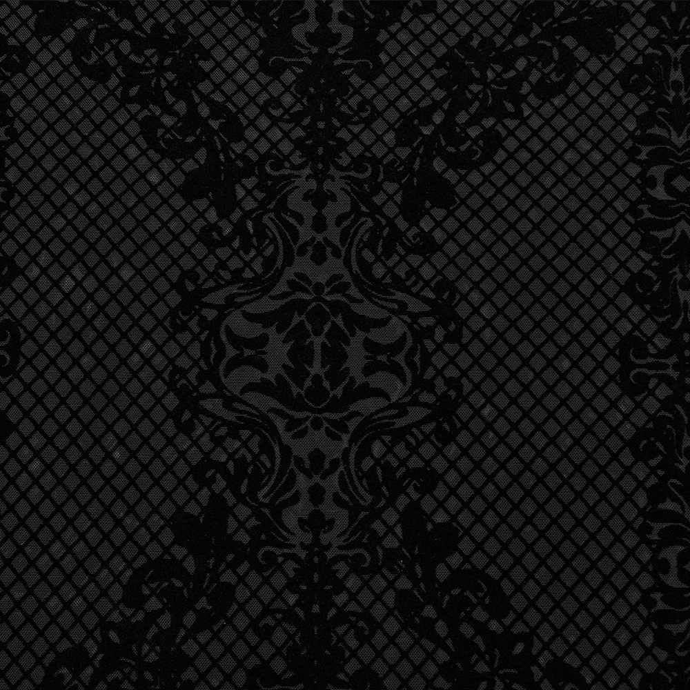Intricate black flocked mesh pattern with gothic floral and grid design