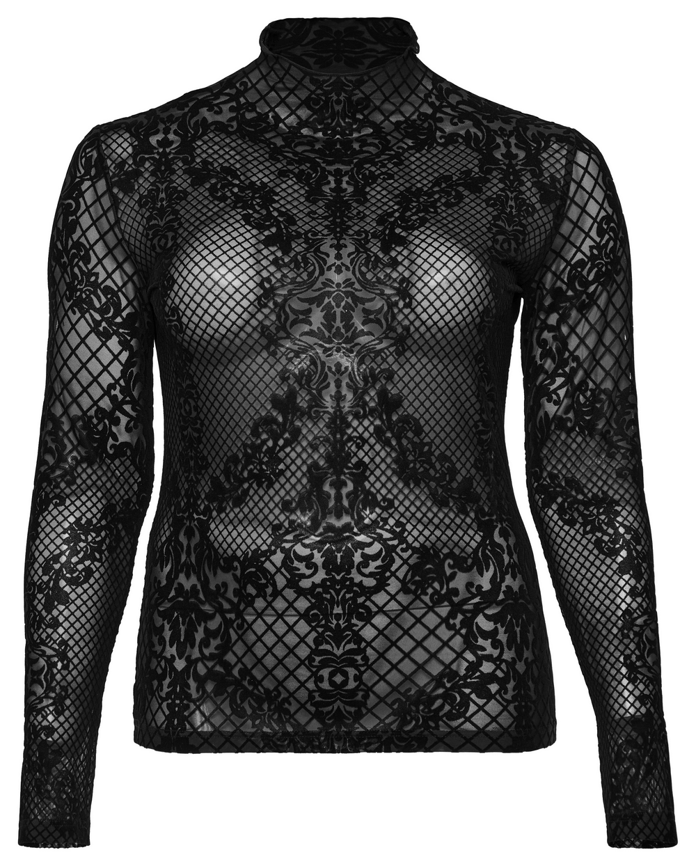 Gothic flocked mesh long sleeves high-collar top with intricate pattern, perfect for a dark, elegant style.