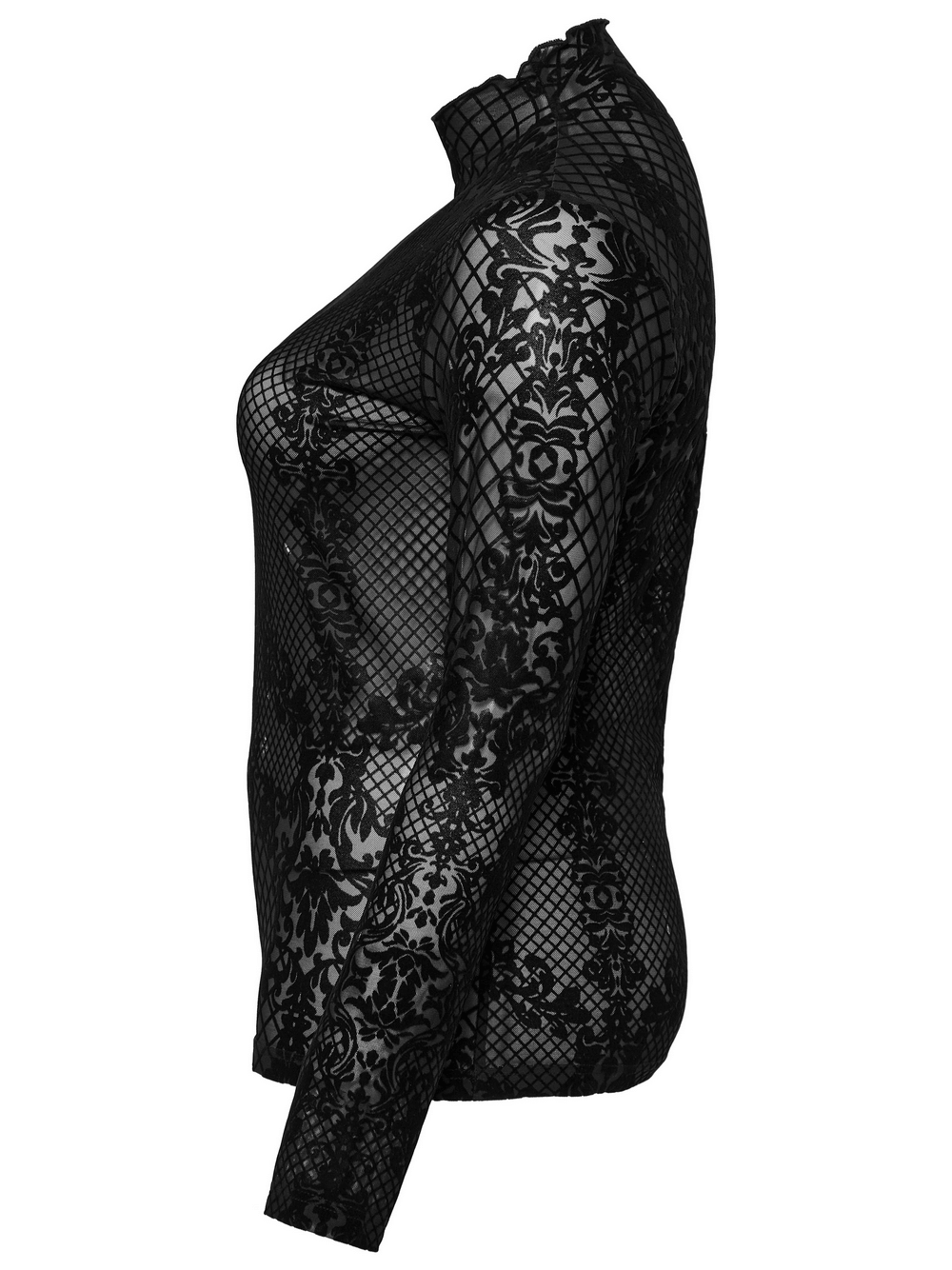 Gothic flocked mesh long sleeves top showcasing intricate Victorian pattern and stand collar detail.