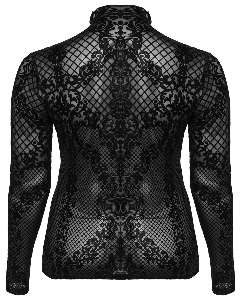 Back view of a Gothic flocked mesh long sleeve top with intricate Victorian-inspired pattern and stand collar.