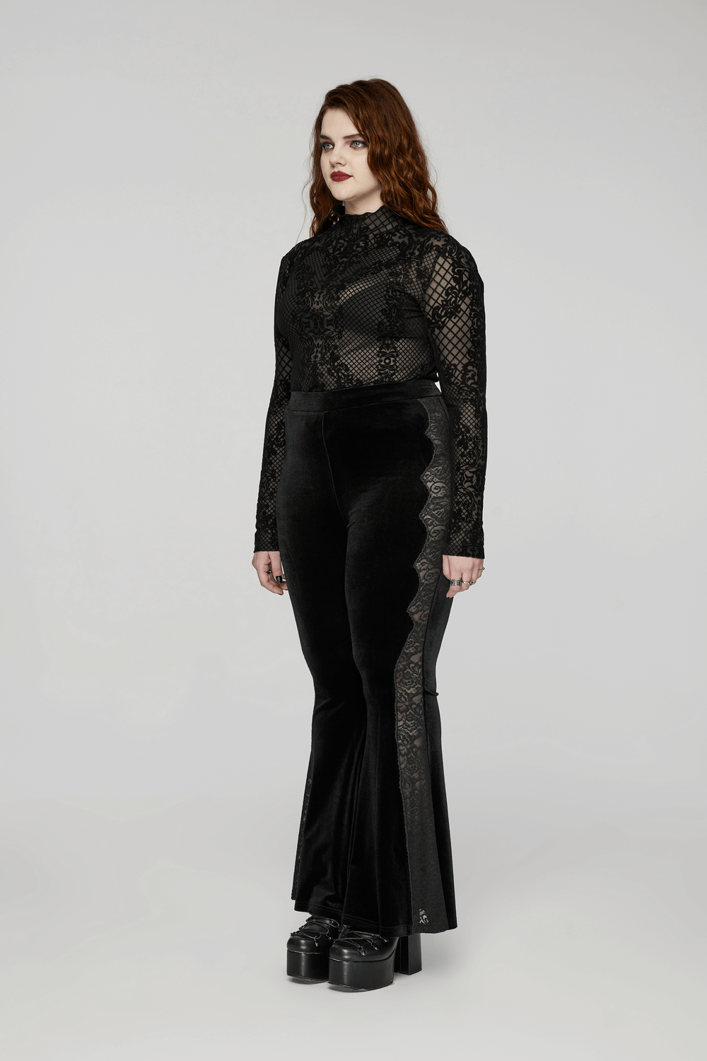 Gothic flocked mesh long sleeves top paired with velvet flared pants, perfect for a striking dark wardrobe.