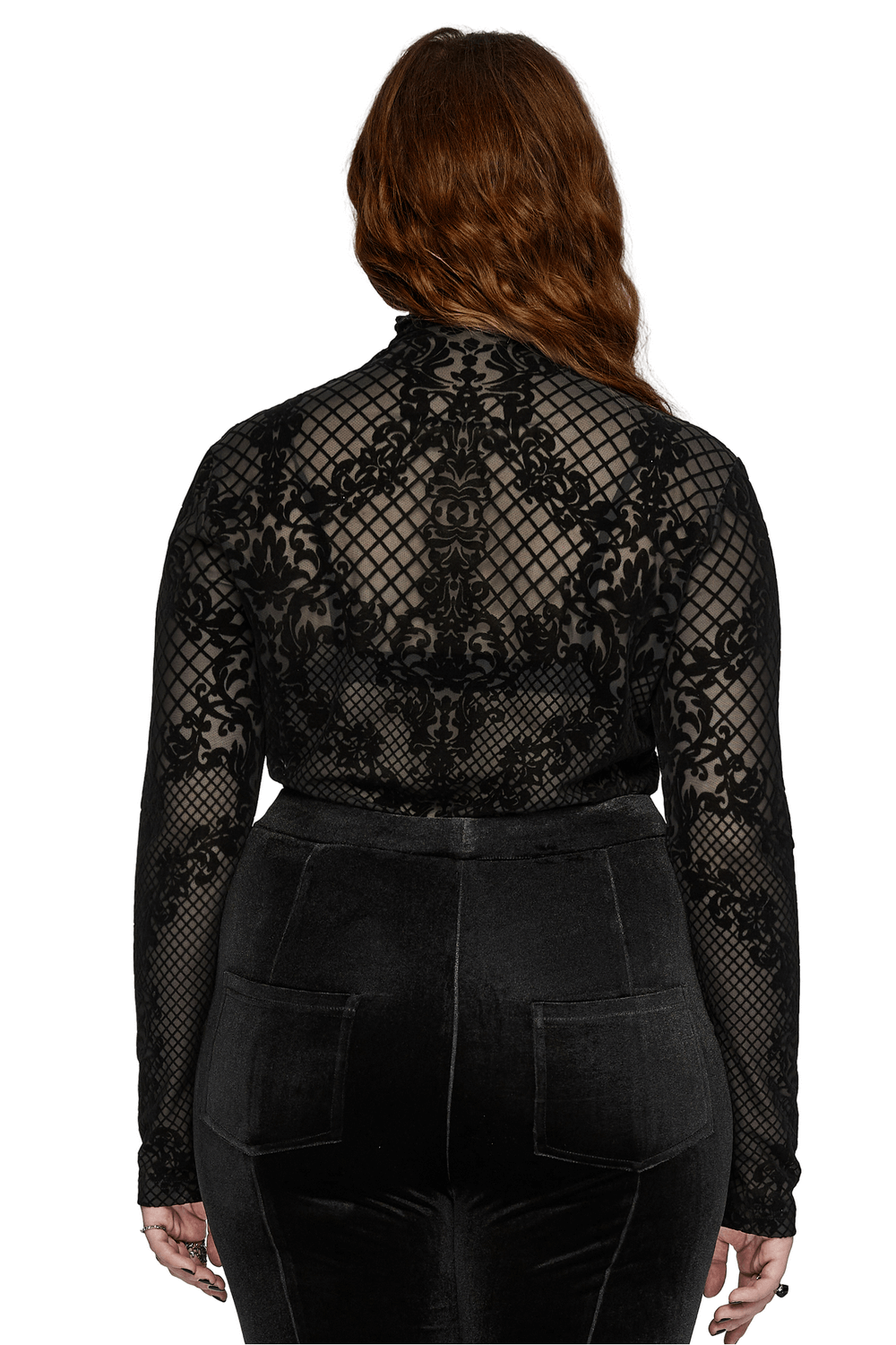 Back view of a Gothic flocked mesh long sleeve high-collar top, showcasing intricate black lace design.